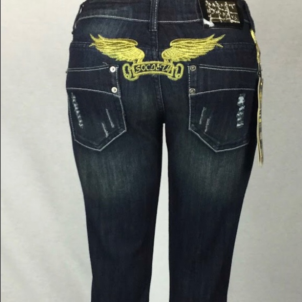 indigo Women’s jeans hand sanded decorative rips low cut slim stretch Society